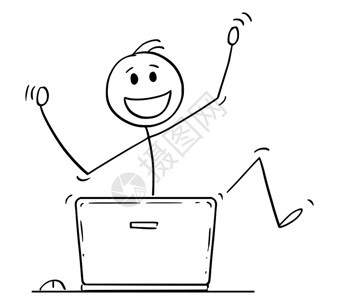 卡通棍子画着快乐跳舞的人或商在笔记本电脑后庆祝成功的概念插图图片