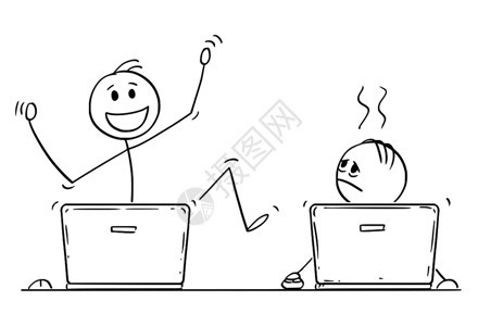 卡通棍在概念上描绘两名男子或商人在笔记本电脑或上工作其中一人正在庆祝成功另一人疲劳或沮丧图片