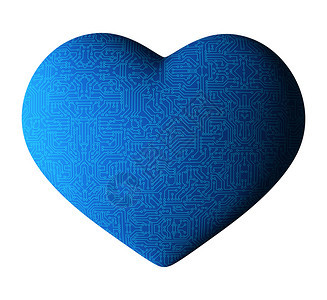 白色的蓝电路心脏在Valentine日3d球插图中数字计算机技术概念中高科背景的纹理图片