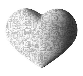 电路心脏在白线上被孤立在ValentineDay3dBall插图中数字计算机技术概念中高科背景的纹理模式图片