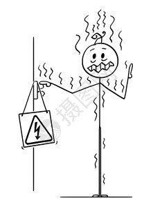 卡通棍子绘制人类触摸来自墙壁的无隔热导体并受到高压电力冲击的概念插图图片