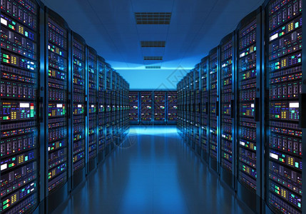 现代网络和互联电信技术大数据存储和云计算机服务业概念机室内部蓝光数据中心图片