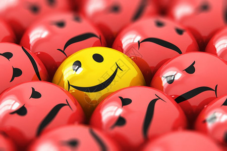 创用抽象的3D表示在红色愤怒的人群中单一快乐的黄色笑脸宏观点具有选择焦点效果背景图片