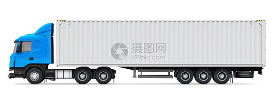 航运物流和货业务商概念3D表示蓝色半卡车和40英尺重货集装箱在白色背景上隔离的蓝色半卡车侧剖面图图片