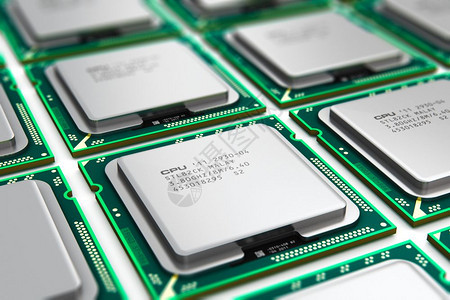 计算机PC技术和电子工业概念3D说明现代处理器的宏观点具有选择重点效果的CPU图片