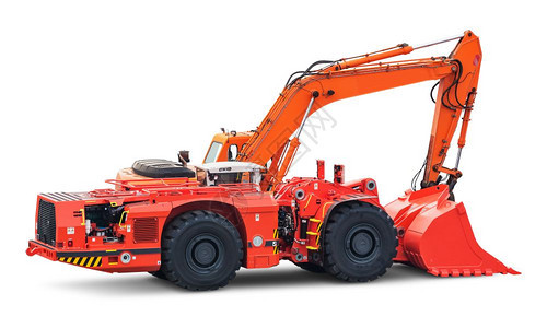 建筑道路工程和建筑业设备概念大型重橙色工业液压轮式挖掘机或白色背景的推土机图片