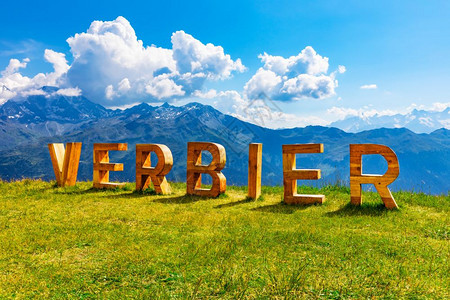 瑞士Verbier的绿色青草山花和阿尔卑斯山雪峰夏季景色图片