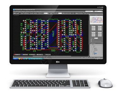 创新的抽象电子装置路板设计行业技术商概念3D演示专业台式计算机化工作站将多氯联苯开发软件孤立在白色背景上图片