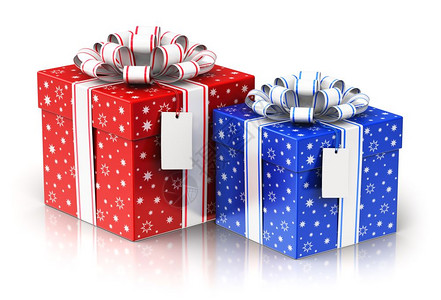 创意抽象的圣诞或圣诞节新年或生日传统庆祝概念3D表示一组或由两件红和蓝色礼物组成的团体或一提供盒式容器上面有闪亮的彩色金属丝带弓图片