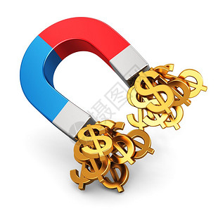 具有创意的抽象金融成功银行和商业发展及增长的商业概念金属红色和蓝磁铁有一组黄金美元货币标志在白色背景上被孤立图片