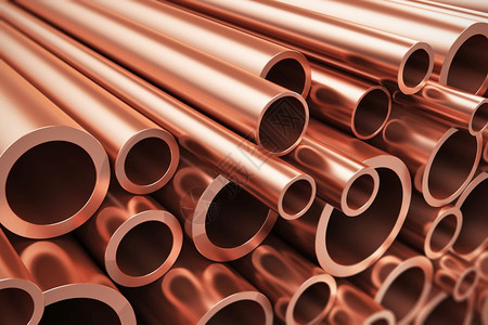 有创意的重色金属冶工业和制造商生产概念大量闪亮金属铜管有选择焦点效果图片