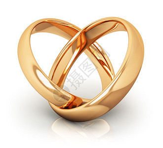 创意抽象的爱情订婚求和姻概念一对闪亮的金婚戒指宏观点这些戒指被连接成心脏形状孤立在白色背景上产生反射效果图片