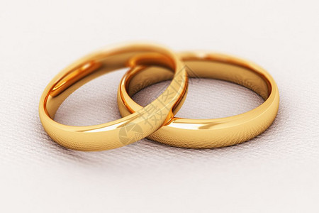 创意抽象的爱情订婚求和姻概念3D展示一对闪亮的金婚环宏观点这些金婚环以白色背景孤立有选择焦点效果图片