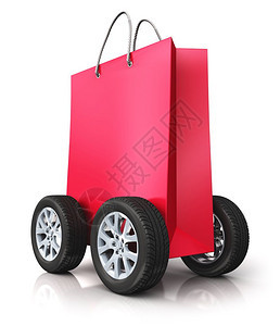 创意商业抽象零售和网上购物折扣以及免费运输和交货概念3D为红色纸袋插图用白色背景孤立的车轮用红色纸袋进行展示并产生反射效果图片