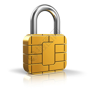 SIM卡或信用安全概念片微芯的金锁在白色背景上隔离产生反射效果图片