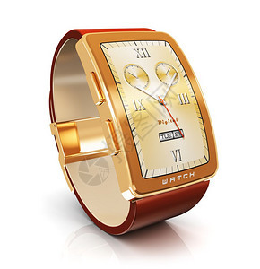 具有创意的抽象商业流动和现代移式可穿戴装置技术概念黄金奢华数字智能手表或时钟配有彩色屏幕界面和红皮带在白色背景上隔离产生反射效果图片