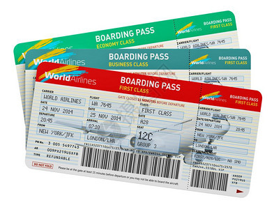 创意抽象空中商务旅行游和运输概念一等商业和经济舱旅行彩色机票组白背景孤立图片