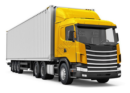 航运物流和货业务商概念3D表示黄色半卡车40英尺重货集装箱在白色背景上被隔离图片