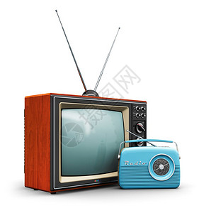 具有创意的抽象通信媒体和老式电视业务概念旧的彩色木家用电视接收器配有天线和蓝色塑料模拟无线电接收器白色背景隔离图片