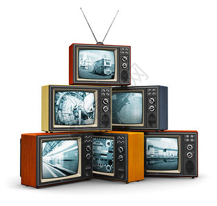 创意抽象通信媒体和电视频道广播商业务概念堆或旧的色木家用电视接收器白色背景的天线分离图片