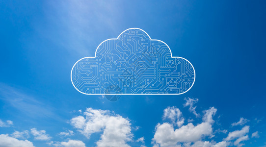 云计算机技术图标其电路板案纹理在蓝色天空中隔离数字据概念的高科技背景图片