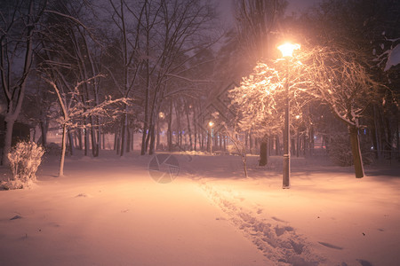 夜间冬季雪瀑布城市的小巷明亮公园图片