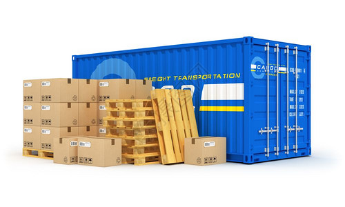 货物运航物流交付和分销概念蓝色金属货物集装箱和在白色背景上孤立的木船货盘上堆叠的纸板箱背景图片