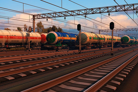 日落时火车站装有油箱的货运火图片
