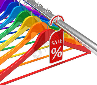 销售和贴现概念一排彩虹挂机贴有白底隔离的促销标签图片