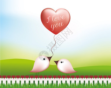 一只鸟可爱的鸟给一只红气球上面刻着我爱你的字插画
