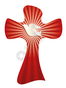 孤立的矢量克里斯蒂安十字与鸽子和红背景的亮光线图片