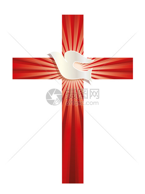 宗教矢量符号十字与红背景的鸽子和光线交叉图片