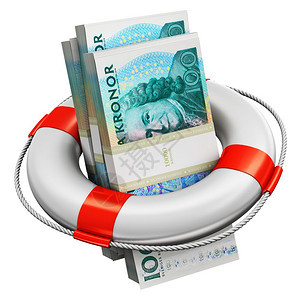 创新的抽象银行会计融资投风险金融成功发展和增长概念3D提供10瑞典克朗纸钞捆包的例子这些钞票都存放在白色背景孤立的充气环救生带或图片