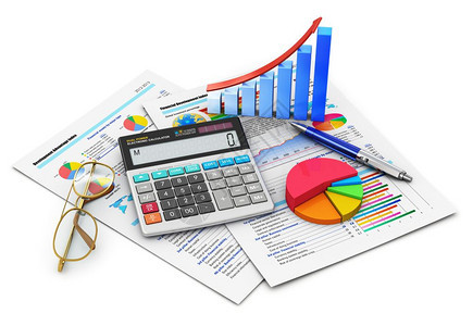 商业金融税务会计统和分析研究概念办公室电子计算器条形图和饼关于财务报告的眼镜和纸笔在白背景上隔开的彩色数据背景图片