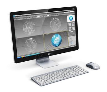 3D设计技术商业概念专台式工作站计算机个人电脑在监视屏幕键盘和白背景的鼠上有3D开发软件界面背景图片