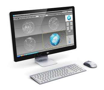 3D设计技术商业概念专台式工作站计算机个人电脑在监视屏幕键盘和白背景的鼠上有3D开发软件界面图片
