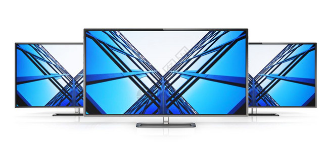 创新的抽象电视子技术商业概念一组现代电视显示屏幕或计算机个人电脑显示器在白色背景上隔离产生反射效果图片
