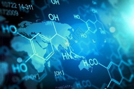 3D在蓝色网络空间中演示化学DNA分子结构和研究数据图片