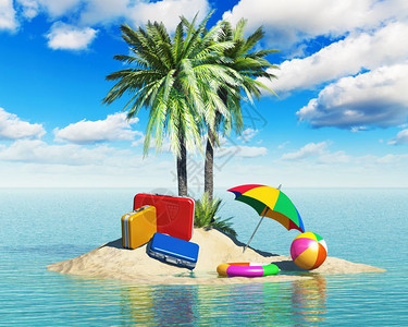 旅行游和度假概念旅行李伞雨海滩球和在孤岛上的救生带在热海水夏季风景蓝色天空和云雾的热带海水中绿棕榈树背景图片