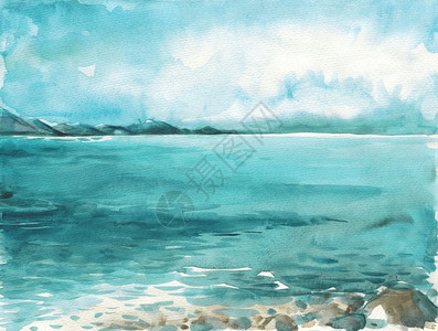 手绘自然风景画海景面滩美丽的水彩手绘图画海洋水彩图背景