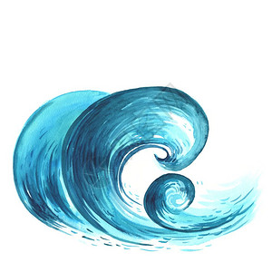 海浪装饰海浪水彩手画图白色背景上的孤立手画海浪水彩图背景