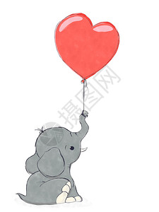 水彩象在白色背景上拿着心形气球背景