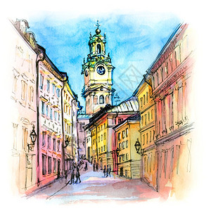 瑞典首都斯德哥尔摩老城GamlaStan的斯德哥尔摩教堂水彩画图瑞典斯德哥尔摩教堂Storkyrkan教堂瑞典斯德哥尔摩图片