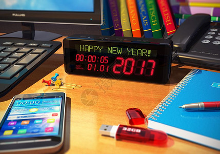 开始庆祝新年2017的商业概念3D展示数字闹钟与新年快乐的宏观视角办公室物体间木制桌上的信息智能电话或移动台式脑笔记本书籍和其他图片