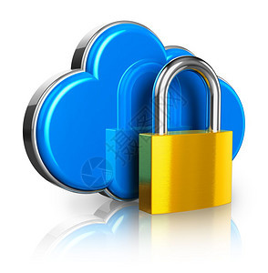 云计算互联网安全概念蓝色闪光云图标金锁在白色背景上隔绝反射效果图片