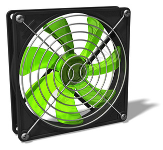 3D表示在白色背景上隔离的绿色计算机PC底盘和CPU冷却扇图片