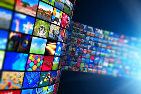 彩色电视具有创意的网络摘要流动媒体电视频服务技术多媒体商务互联网通信和电影内容制作概念3D用彩色照片和不同图像的彩色显示器用无尽的屏幕墙背景
