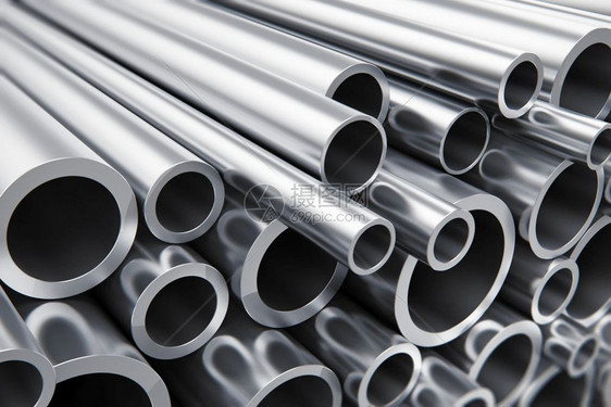 创意抽象的重金属冶工业和制造企生产概念大量闪亮金属钢管有选择焦点效果图片