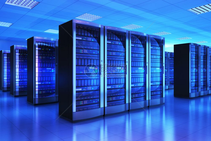现代网络和互联电信技术大数据存储和云计算机服务业概念3D以蓝光数据中心显示服务器室的内部图片