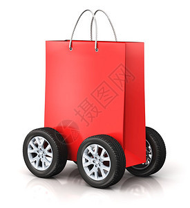 创意商业抽象零售和网上购物折扣以及免费运输和交货概念3D为红色纸袋插图用白色背景孤立的车轮用红色纸袋进行展示并产生反射效果图片